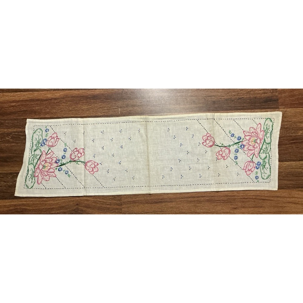 Vtg Hand Stitched Embroidered Table Runner Pink Floral 35in X 11in